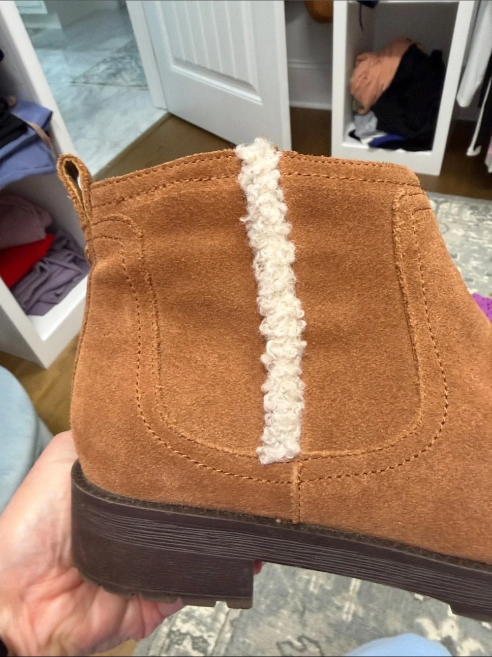 Vionic Chestnut Suede Ankle Booties with Shearling Trim